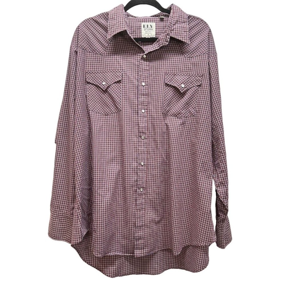 Men's Ely Cattleman Long Sleeve Plaid‎ Western Pearl Snap Shirt XXL